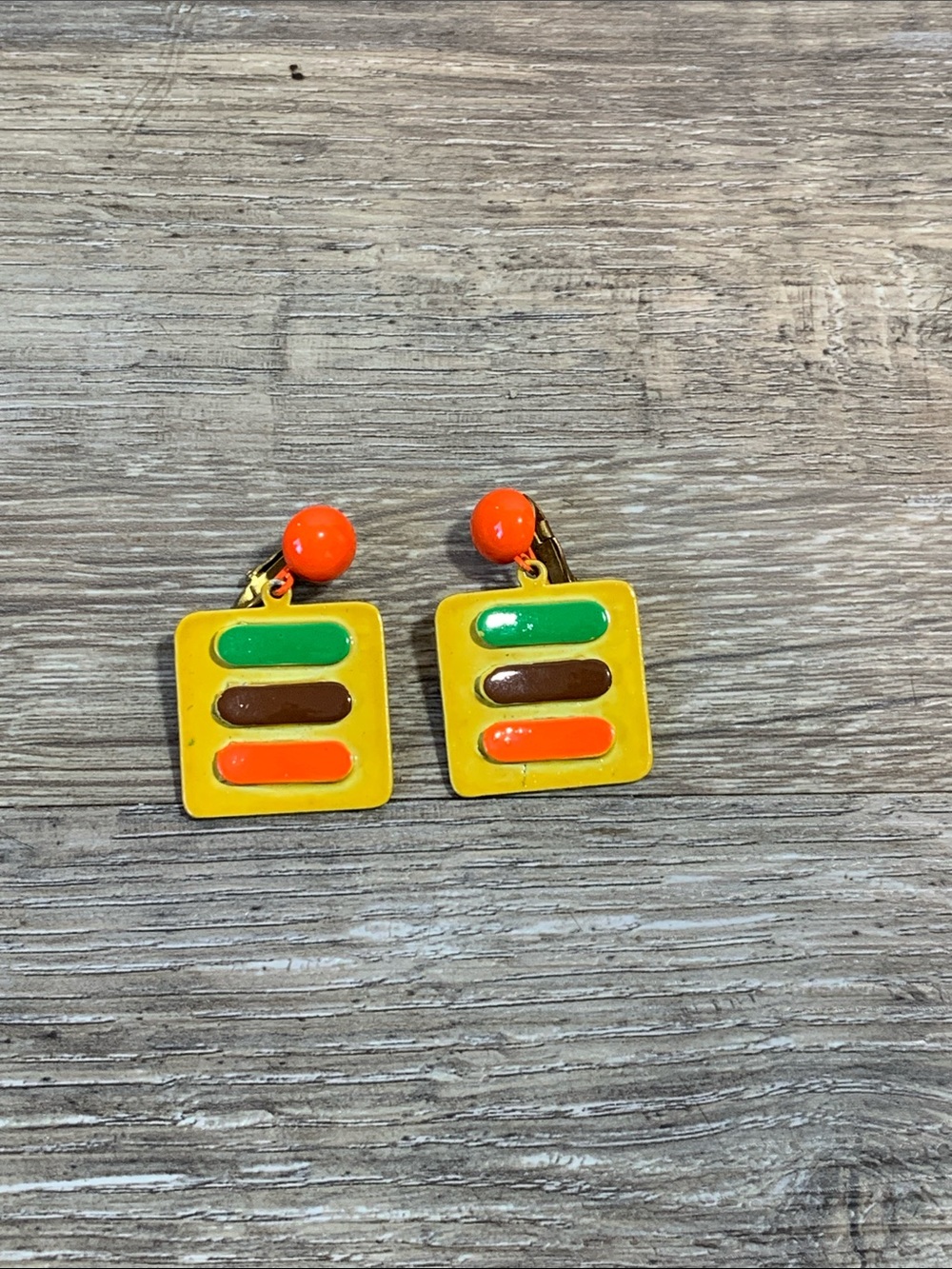 Vintage Yellow Metal Clip-On Earrings with Green, Brown and Orange Accents